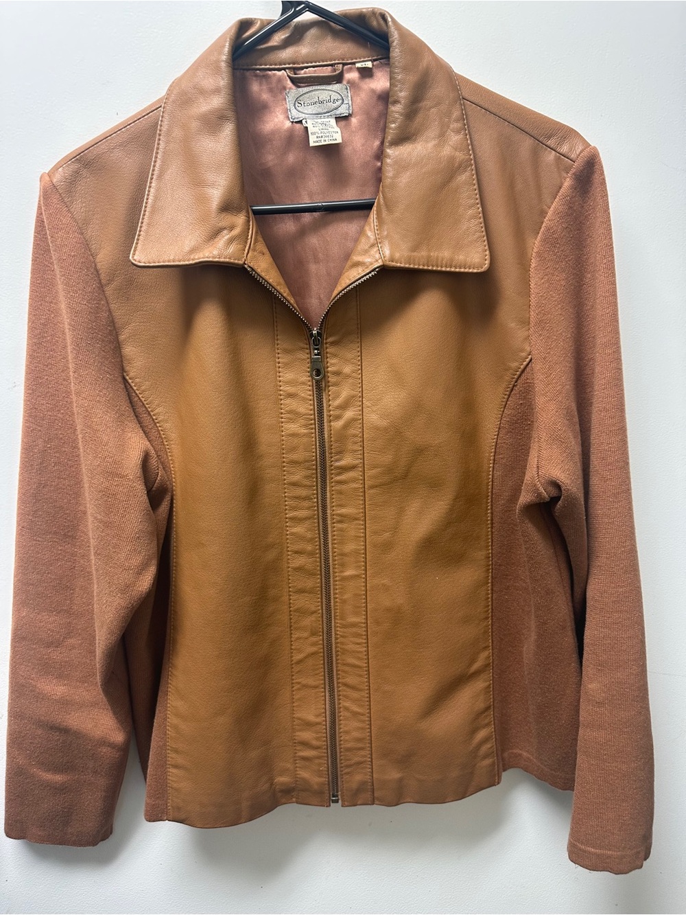St. John's Bay Women's Tan Leather-Panel Zip Front Jacket